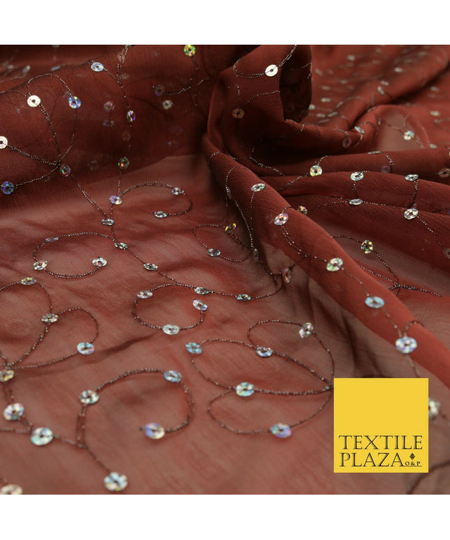 Burnt Copper Hologram Sequin Two Tone Chiffon Georgette Dress Fabric Sparkly1593