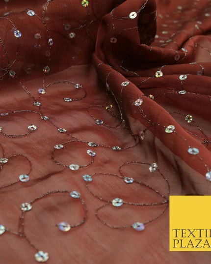 Burnt Copper Hologram Sequin Two Tone Chiffon Georgette Dress Fabric Sparkly1593