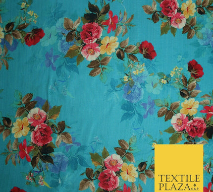 BLUE Floral Digital Print Pink Flowers Faux Raw Silk Fabric Dress Craft 2423