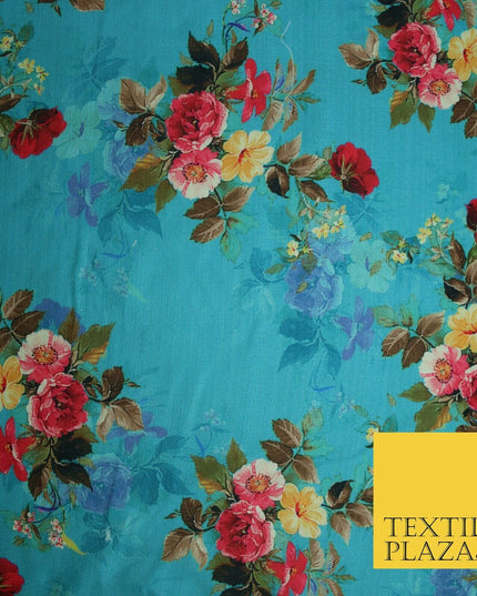 BLUE Floral Digital Print Pink Flowers Faux Raw Silk Fabric Dress Craft 2423