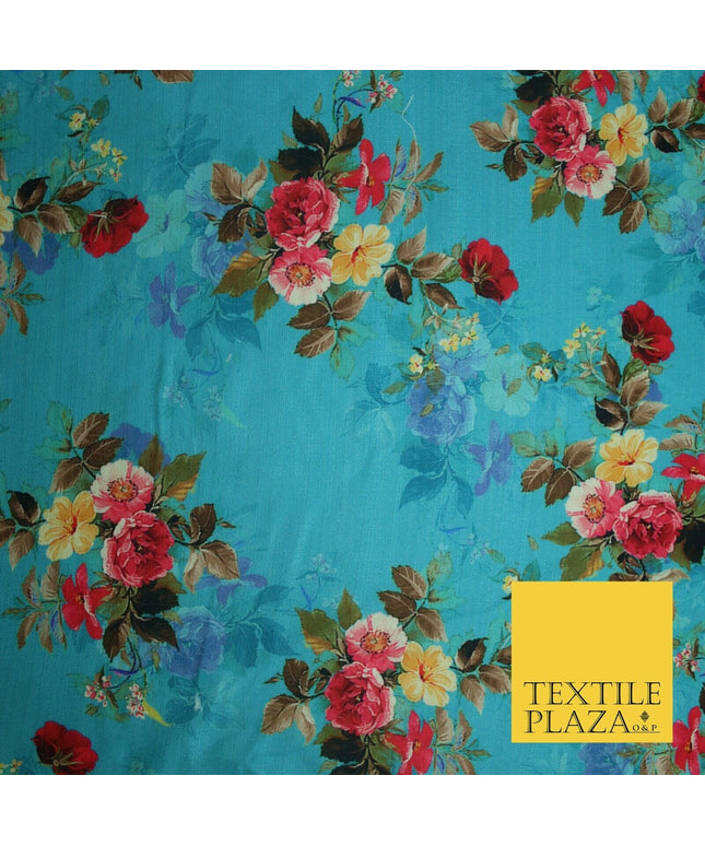 BLUE Floral Digital Print Pink Flowers Faux Raw Silk Fabric Dress Craft 2423