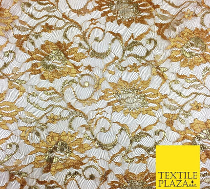 DARK GOLD MUSTARD Floral Metallic Shimmer Lurex Lace Fabric Dress - 58" - GF848