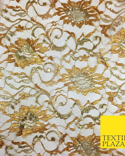 DARK GOLD MUSTARD Floral Metallic Shimmer Lurex Lace Fabric Dress - 58" - GF848
