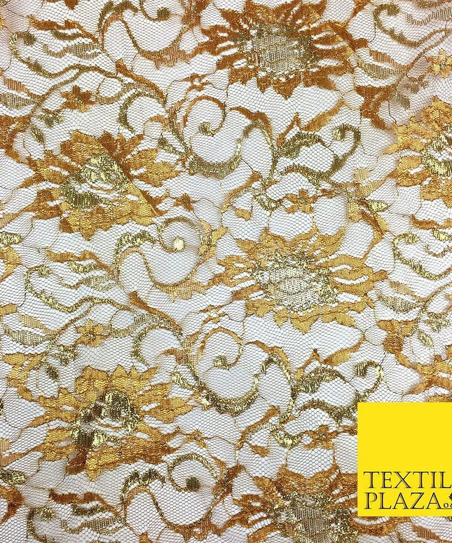 DARK GOLD MUSTARD Floral Metallic Shimmer Lurex Lace Fabric Dress - 58" - GF848