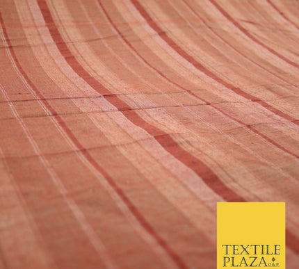 Brick Red - Terracotta Check Stripe Woven 100% PURE Dupion Raw Silk Fabric 2486