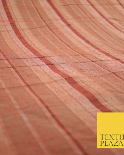 Brick Red - Terracotta Check Stripe Woven 100% PURE Dupion Raw Silk Fabric 2486