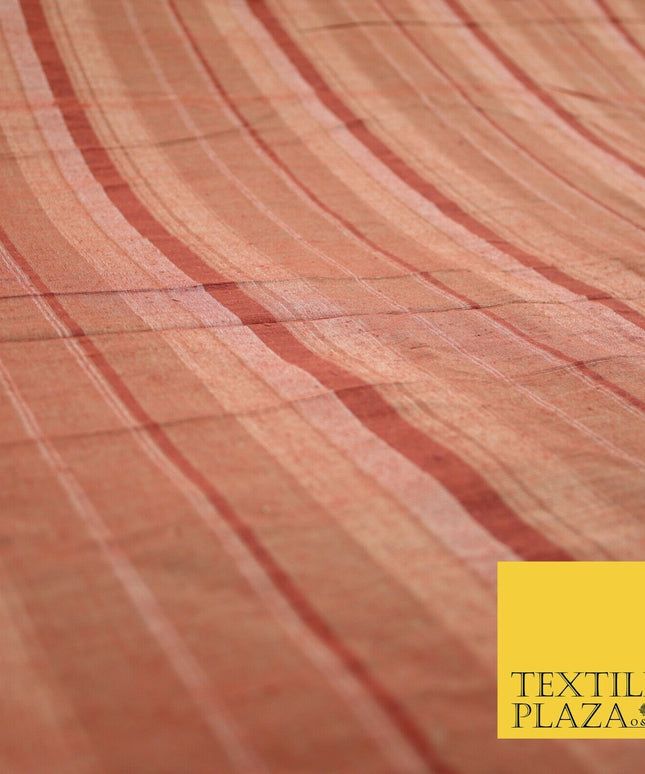 Brick Red - Terracotta Check Stripe Woven 100% PURE Dupion Raw Silk Fabric 2486