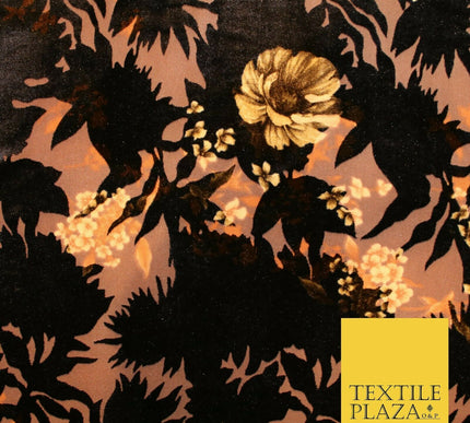 Dark Navy Blue Brown Floral Pansy Shadows Velvet Devore Burnout Net Fabric