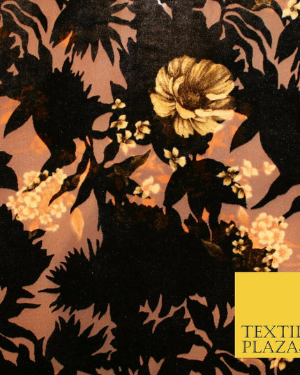 Dark Navy Blue Brown Floral Pansy Shadows Velvet Devore Burnout Net Fabric