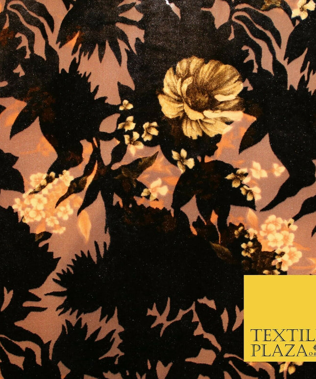 Dark Navy Blue Brown Floral Pansy Shadows Velvet Devore Burnout Net Fabric
