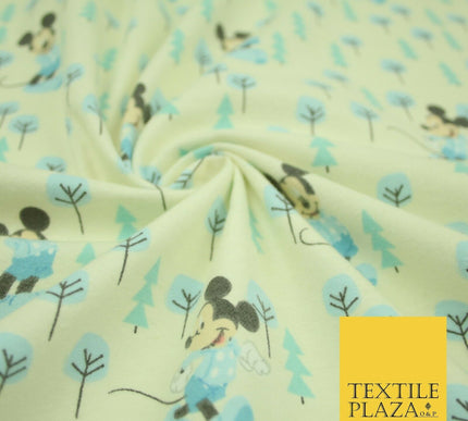 Cream Disney Mickey Mouse Festive Christmas Trees Winceyette Soft Brushed Cotton Print Fabric 2144