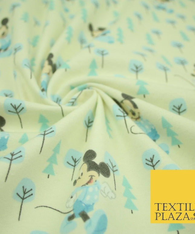 Cream Disney Mickey Mouse Festive Christmas Trees Winceyette Soft Brushed Cotton Print Fabric 2144