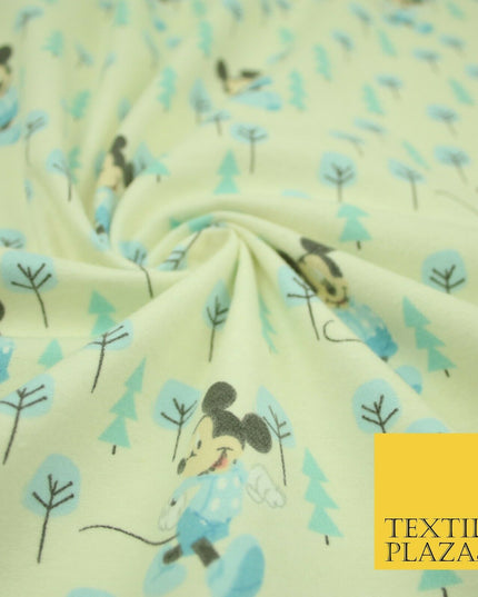Cream Disney Mickey Mouse Festive Christmas Trees Winceyette Soft Brushed Cotton Print Fabric 2144