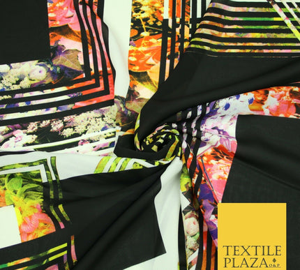 Black Check Floral Abstract Multicolour Printed Heavyweight Georgette Fabric 58"