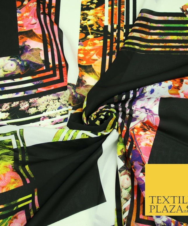 Black Check Floral Abstract Multicolour Printed Heavyweight Georgette Fabric 58"