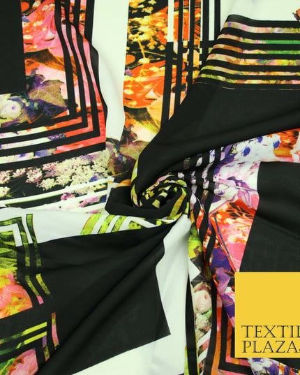 Black Check Floral Abstract Multicolour Printed Heavyweight Georgette Fabric 58"