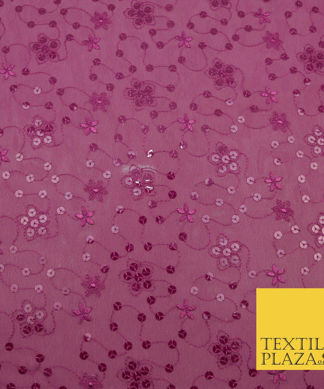 Magenta Pink Floral Sequin Threadwork Georgette Dress Fabric Fancy 1601