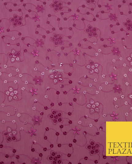 Magenta Pink Floral Sequin Threadwork Georgette Dress Fabric Fancy 1601