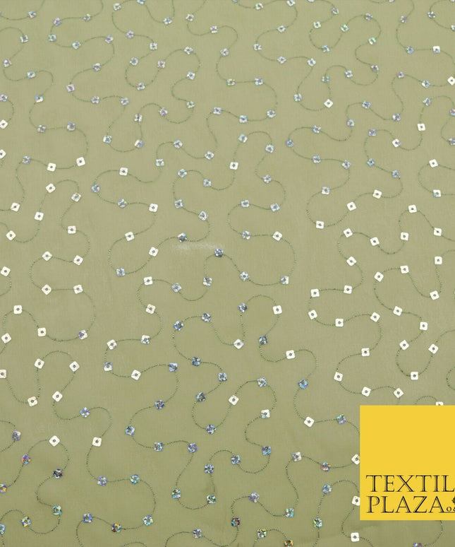 Green Hologram Square Sequin Georgette Dress Fabric Fancy Sparkly Dance 1598