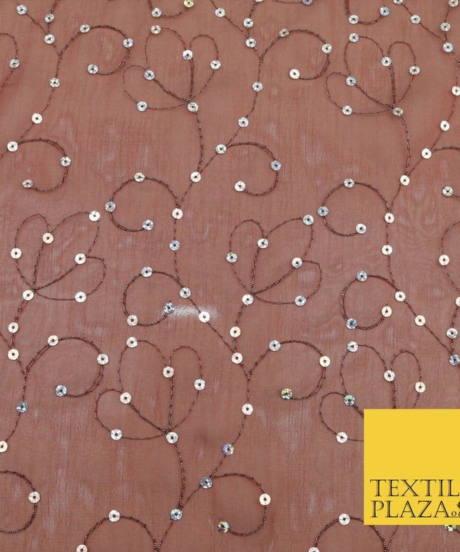 Burnt Copper Hologram Sequin Two Tone Chiffon Georgette Dress Fabric Sparkly1593