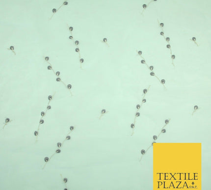 Light Blue Embroidered Floral Falling Stems Crystal Organza Dress Fabric 2759