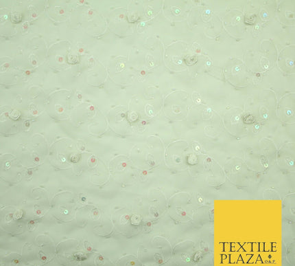 Luxury Cream Sequin Pearl 3D Roses Beaded Swirls Georgette Dress Fabric 2762