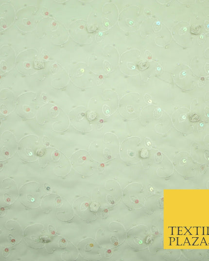 Luxury Cream Sequin Pearl 3D Roses Beaded Swirls Georgette Dress Fabric 2762