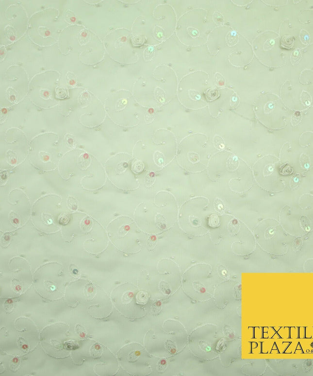 Luxury Cream Sequin Pearl 3D Roses Beaded Swirls Georgette Dress Fabric 2762