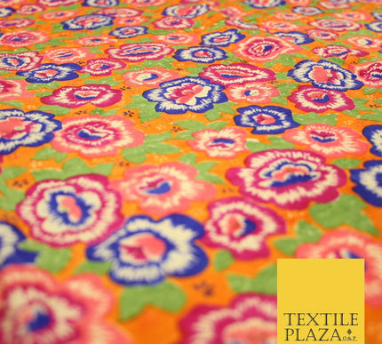 Orange Purple Flower Printed 100% PURE Dupion Raw Silk Fabric Slub Handloom 2482