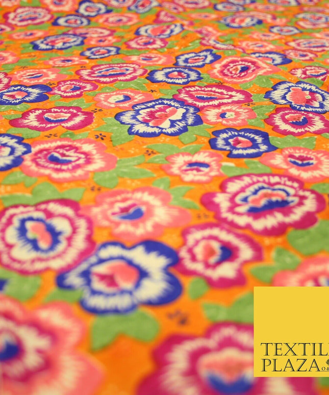 Orange Purple Flower Printed 100% PURE Dupion Raw Silk Fabric Slub Handloom 2482