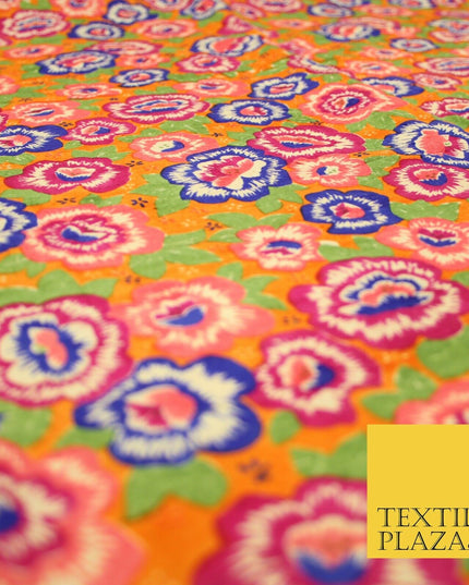 Orange Purple Flower Printed 100% PURE Dupion Raw Silk Fabric Slub Handloom 2482