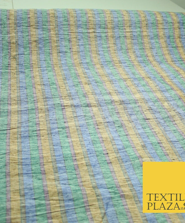 Pastel Lilac Aqua Mint Check Stripe Woven 100% PURE Dupion Raw Silk Fabric 2487