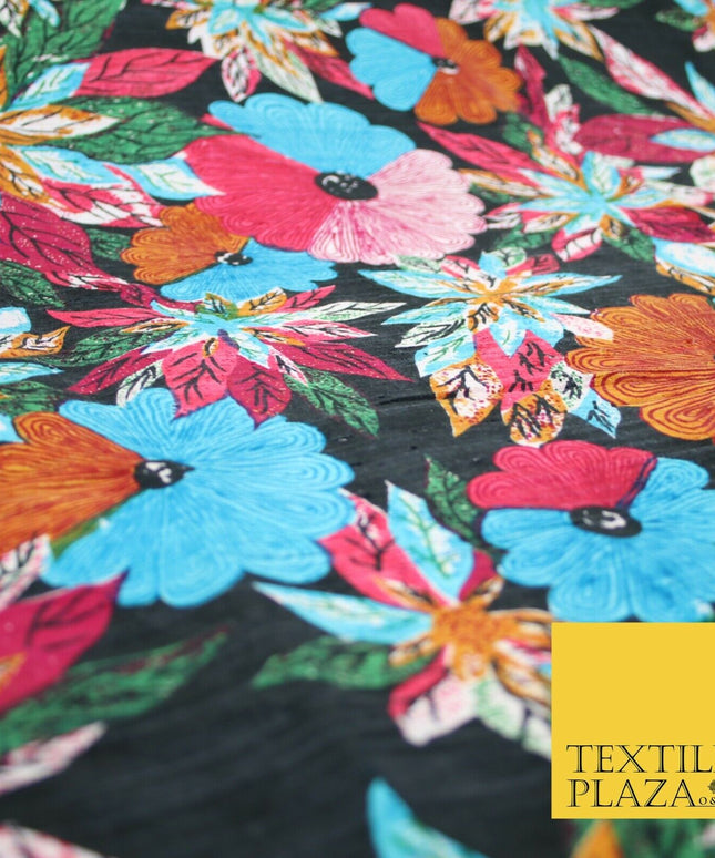 Black Multicolour Flower Funky Abstract Printed PURE Dupion Raw Silk Fabric 2483