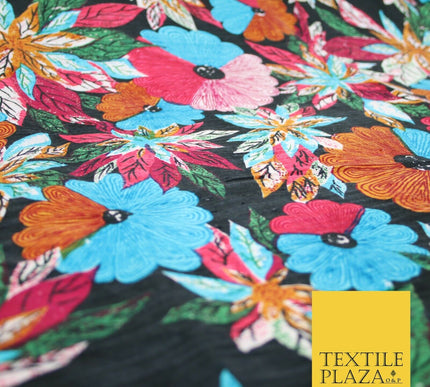 Black Multicolour Flower Funky Abstract Printed PURE Dupion Raw Silk Fabric 2483