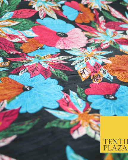Black Multicolour Flower Funky Abstract Printed PURE Dupion Raw Silk Fabric 2483