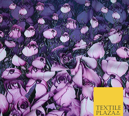 Purple Lilac White Tulip Flower Print Spun Rayon Viscose Dress Fabric Craft 2450