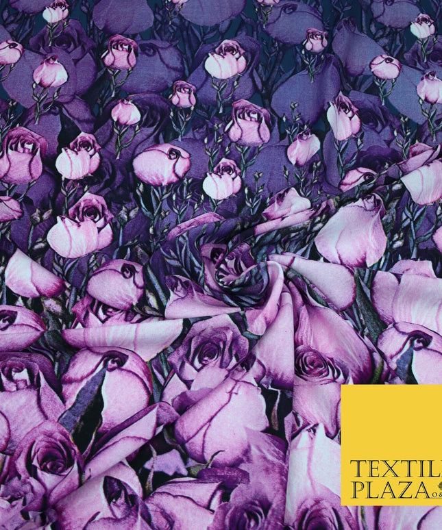 Purple Lilac White Tulip Flower Print Spun Rayon Viscose Dress Fabric Craft 2450