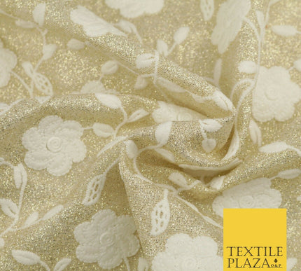 White Embroidered Gold Lurex Shimmer Fabric Backdrop Dance Sparkle 1447