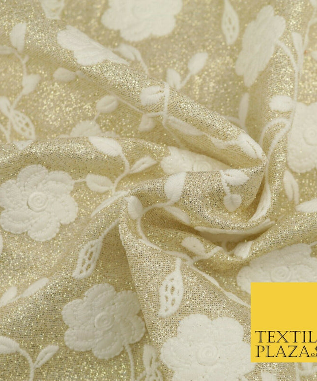 White Embroidered Gold Lurex Shimmer Fabric Backdrop Dance Sparkle 1447