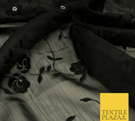 Black Rose Stem Threadwork Chiffon Georgette Dress Fabric Fancy 1600