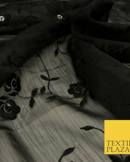 Black Rose Stem Threadwork Chiffon Georgette Dress Fabric Fancy 1600