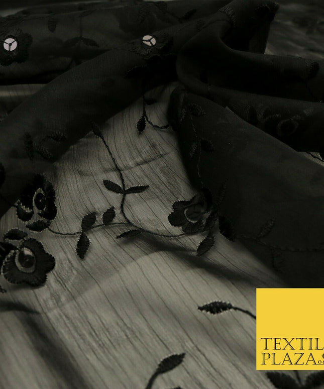 Black Rose Stem Threadwork Chiffon Georgette Dress Fabric Fancy 1600