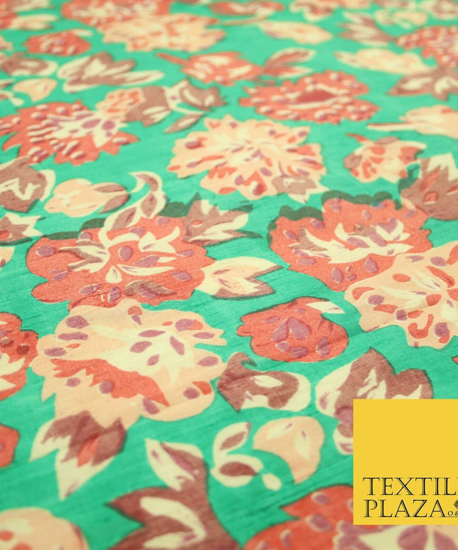 Sea Green Peach Flower Printed 100% PURE Dupion Raw Silk Handloom Fabric 2484