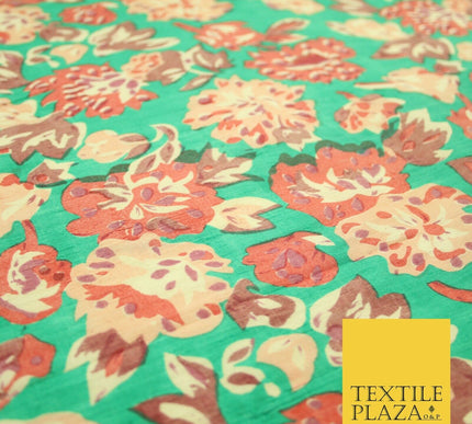 Sea Green Peach Flower Printed 100% PURE Dupion Raw Silk Handloom Fabric 2484