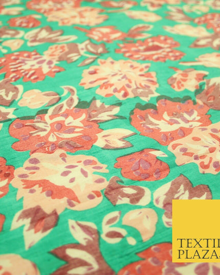 Sea Green Peach Flower Printed 100% PURE Dupion Raw Silk Handloom Fabric 2484