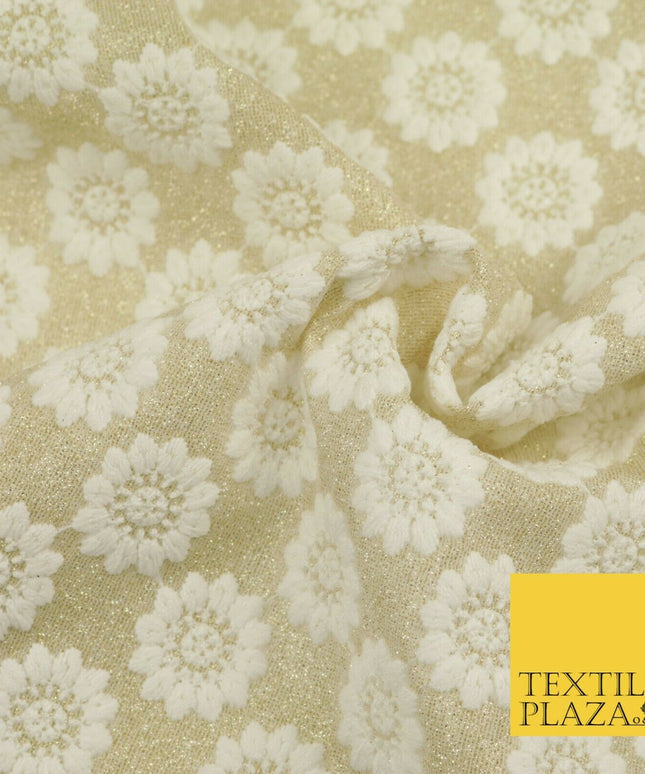 White Embroidered Gold Lurex Shimmer Fabric Backdrop Dance Sparkle 1448