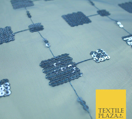 Luxury Blue Shiny Sequin Square Blocks Mesh Net Dress Fabric Fashion Craft 2758