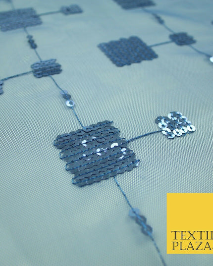 Luxury Blue Shiny Sequin Square Blocks Mesh Net Dress Fabric Fashion Craft 2758