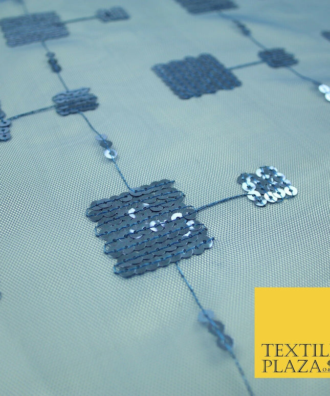 Luxury Blue Shiny Sequin Square Blocks Mesh Net Dress Fabric Fashion Craft 2758