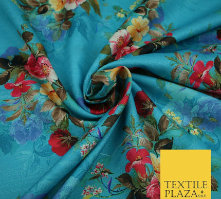 BLUE Floral Digital Print Pink Flowers Faux Raw Silk Fabric Dress Craft 2423